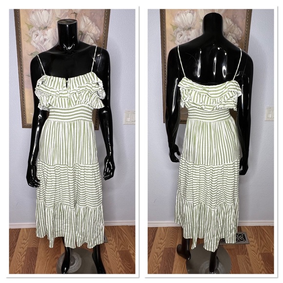 ZARA Striped Frill Ruffle Midi Viscose & Linen Sundress Sz S Green & White NWT - Picture 2 of 8